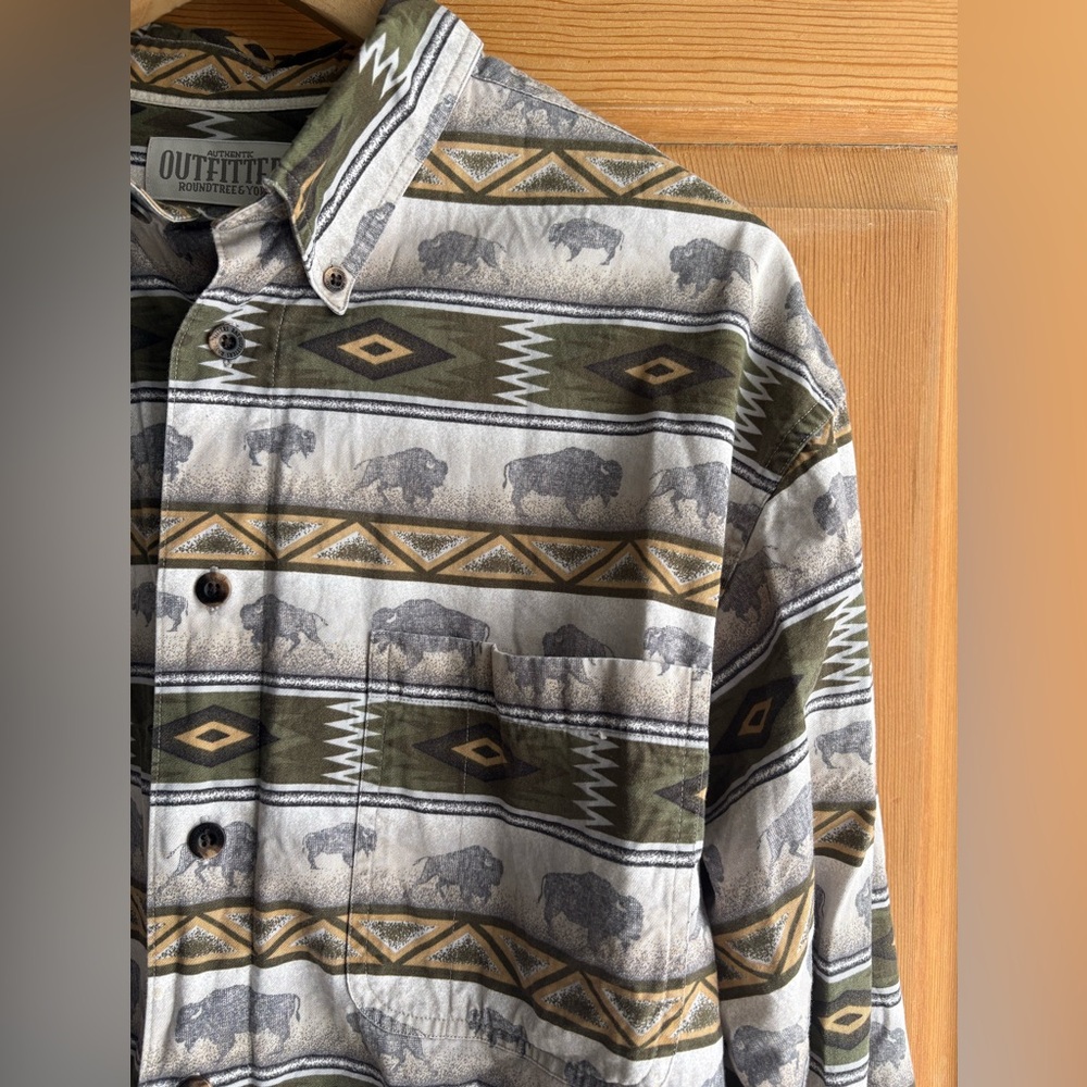 Roundtree & Yorke Buffalo Print Shirt in Green and Tan - Picture 3 of 8